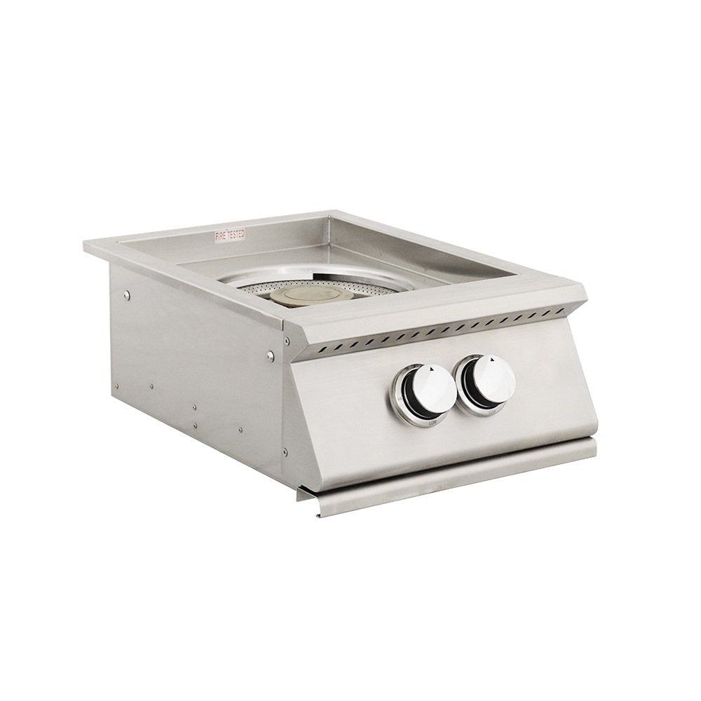 Stainless steel outdoor Burner with two control knobs on a white background