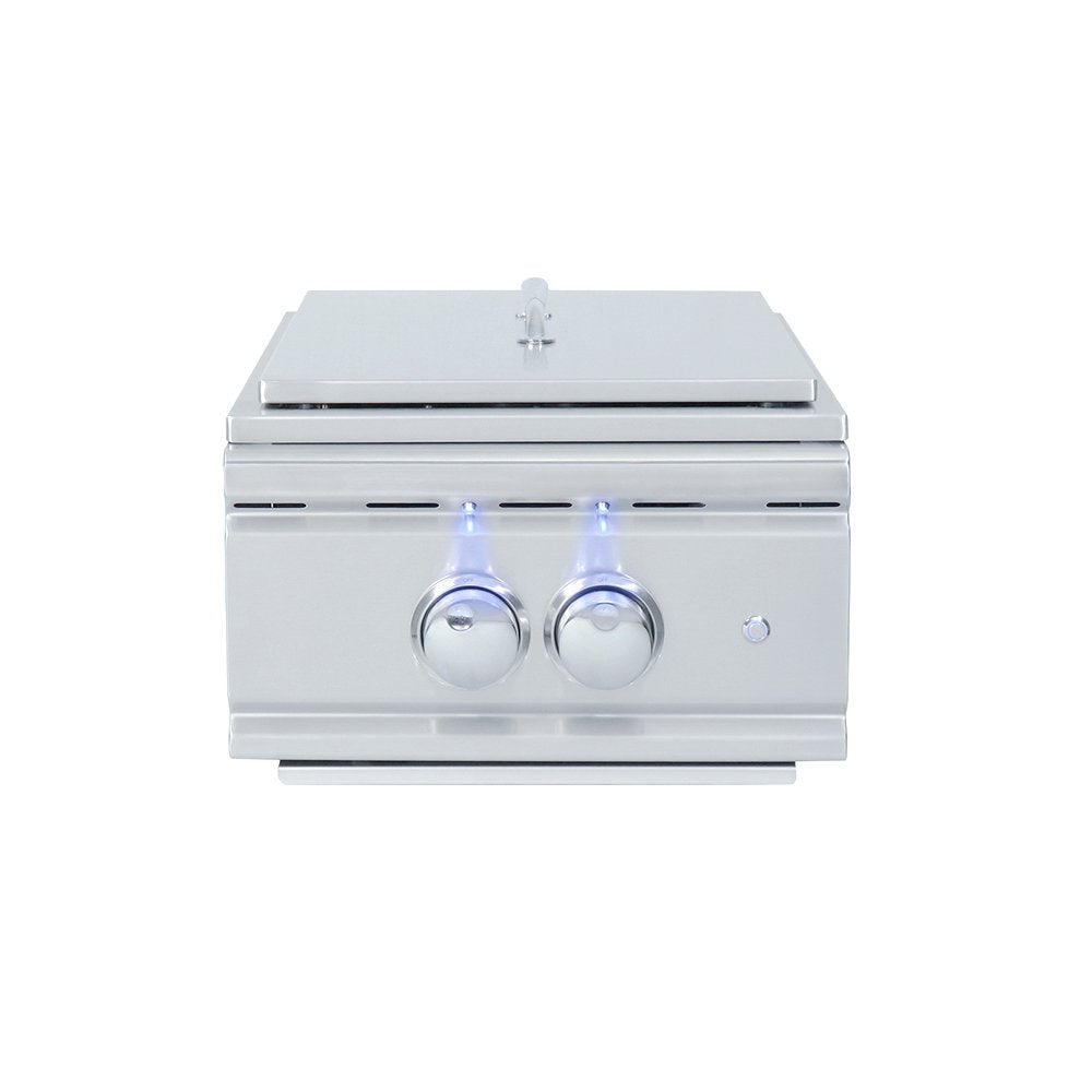Stainless steel gas Burner with two control knobs on a white background