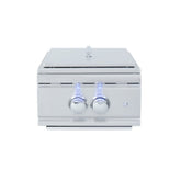 Stainless steel gas Burner with two control knobs on a white background