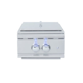 Stainless steel gas Burner with two control knobs on a white background