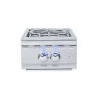 Stainless steel gas cooktop with two burners on a white background