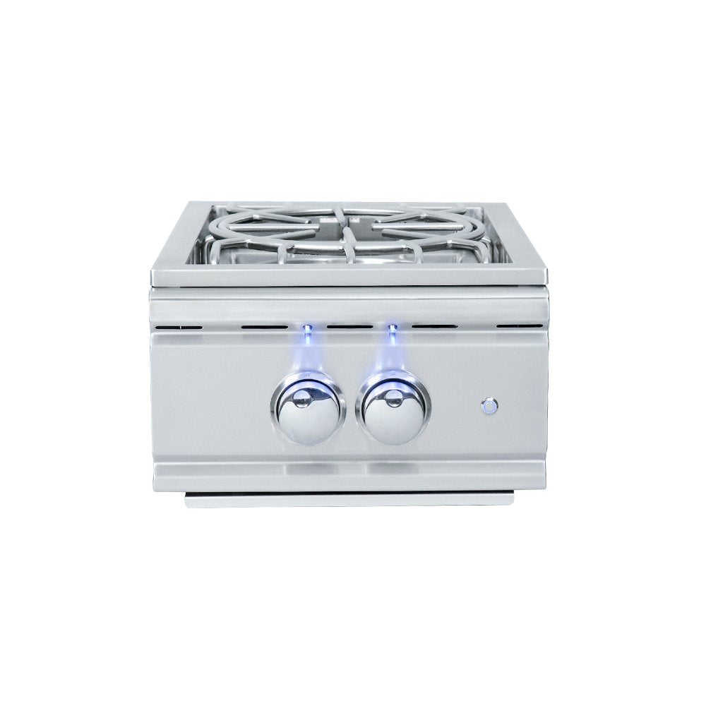Stainless steel gas cooktop with two burners on a white background