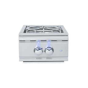 Stainless steel gas cooktop with two burners on a white background
