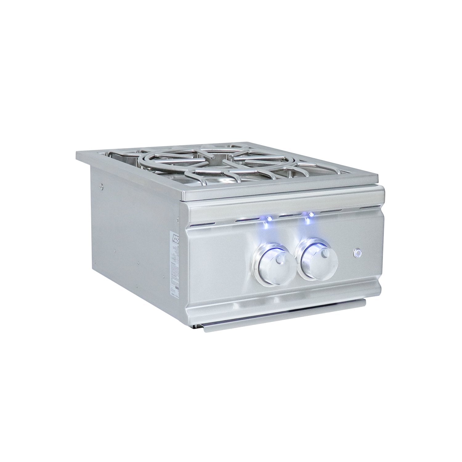 Stainless steel gas cooktop with two burners on a white background