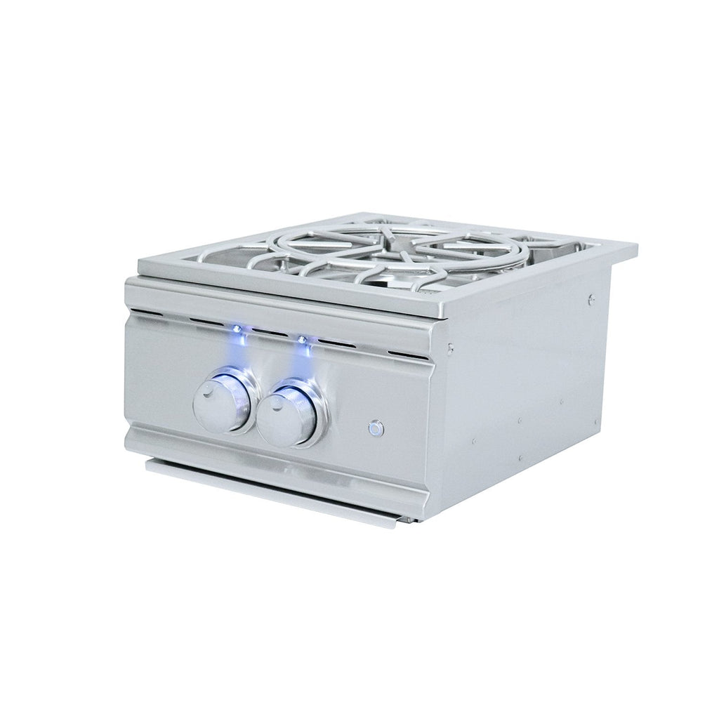 Stainless steel gas cooktop with two burners on a white background