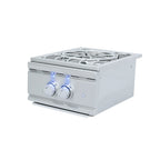 Stainless steel gas cooktop with two burners on a white background