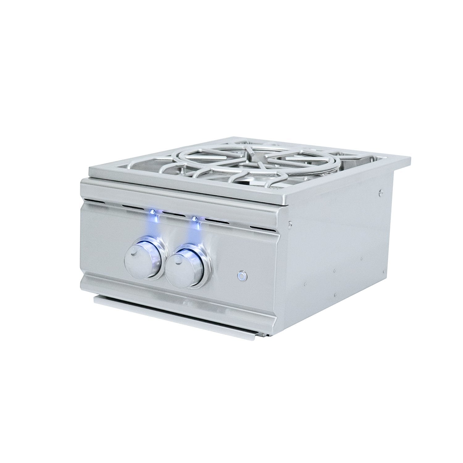 Stainless steel gas cooktop with two burners on a white background