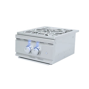 Stainless steel gas cooktop with two burners on a white background