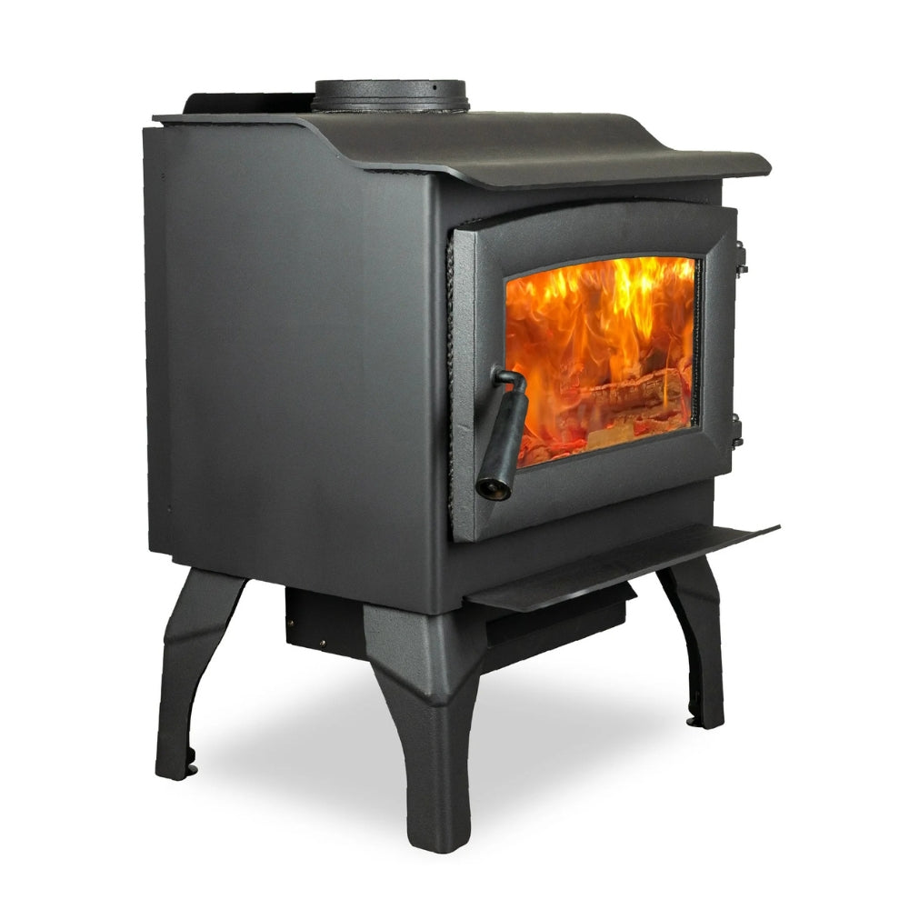 US Stove US1100E-L 1,200 Sq. Ft. Wood Stove with Legs - Black wood stove with glowing orange interior 