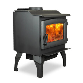 US Stove US1100E-L 1,200 Sq. Ft. Wood Stove with Legs - Black wood stove with glowing orange interior 