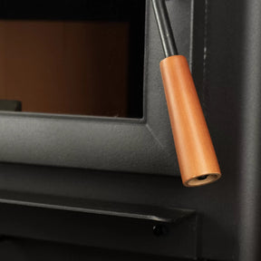 Vogelzang 2,500 Sq. Ft. Pedestal Wood Stove VG2520-P - Close-up of a black electronic device with a brown leather handle.