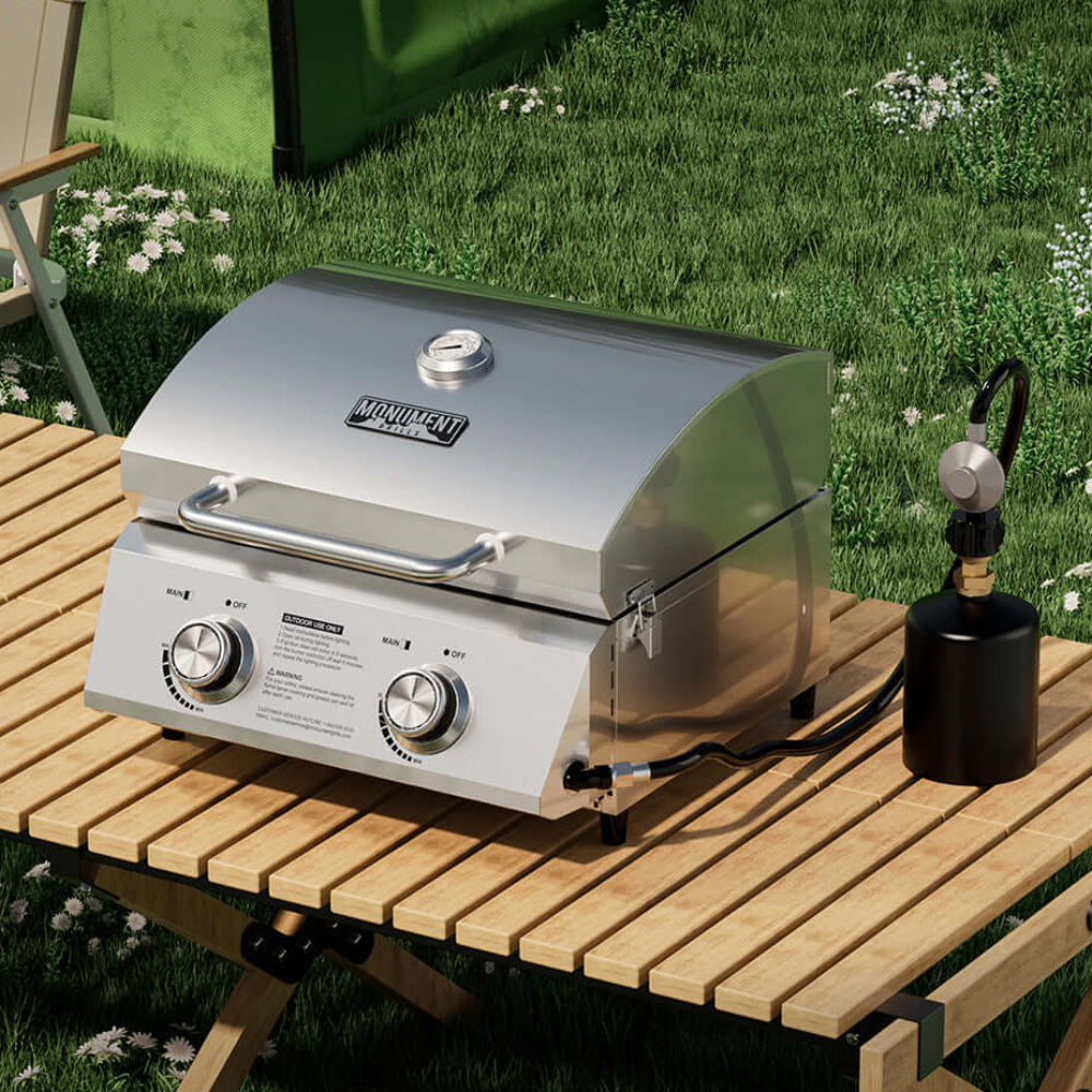 Monument Grills 13742 stainless tabletop propane gas grill with 2 burners and 15,000 BTU portable design