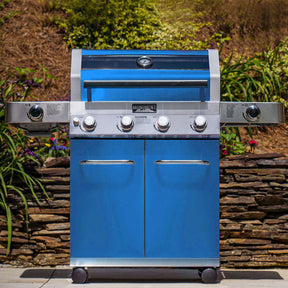 Matte blue Monument Grills 35633B propane gas grill with infrared sear burner and stainless steel construction
