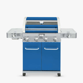 Matte blue Monument Grills 35633B propane gas grill with infrared sear burner and stainless steel construction