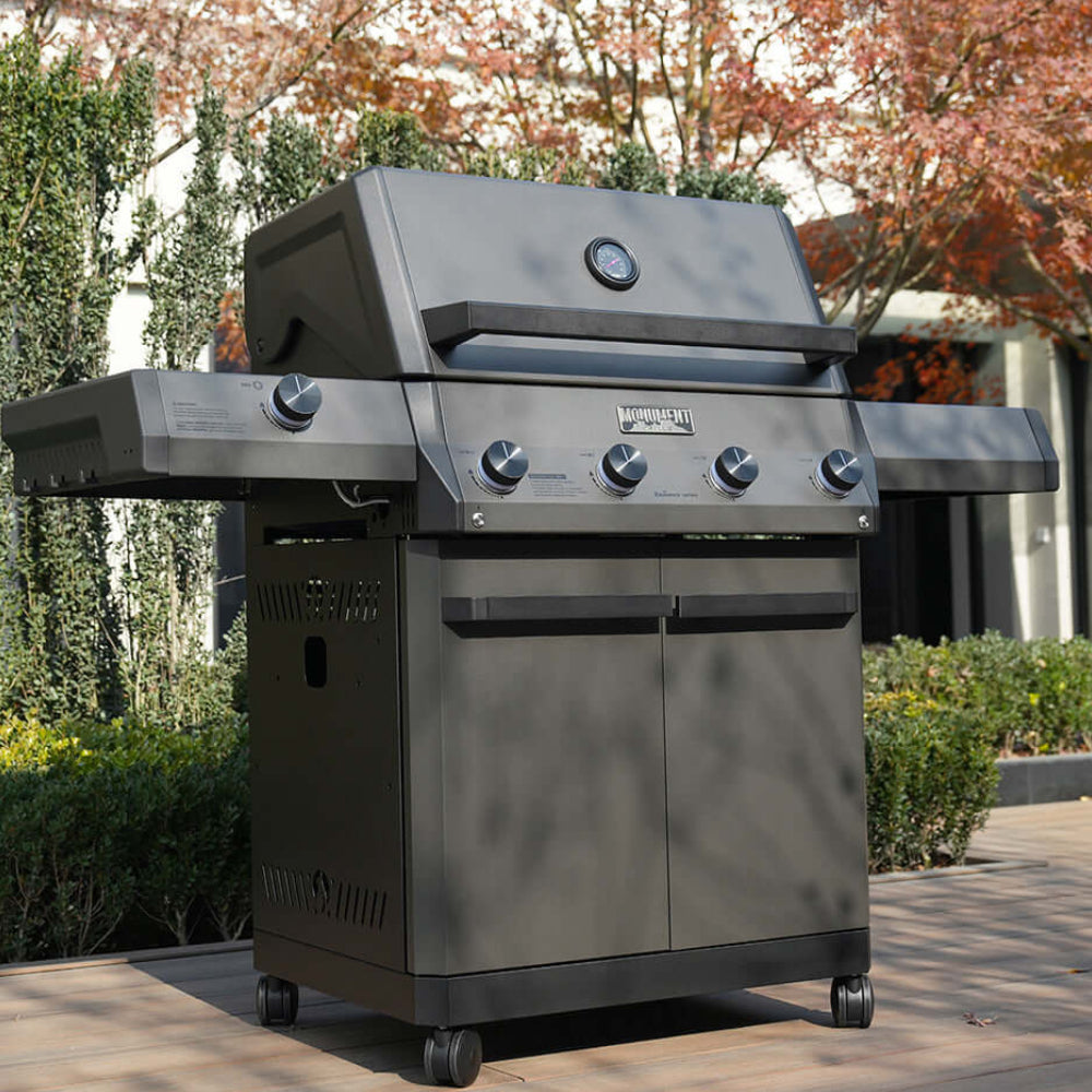 Monument Grills Eminence 425 propane gas grill with side burner in silky matte black finish