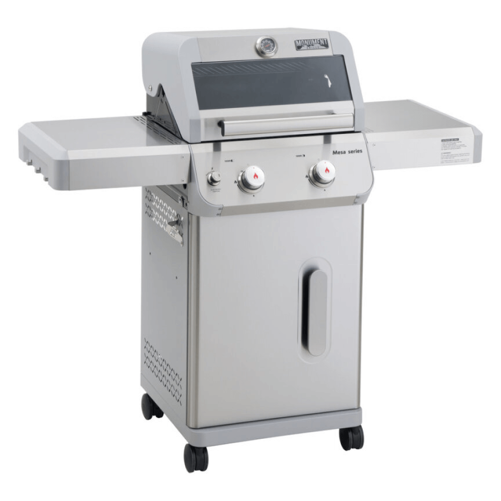 Monument Grills Mesa 200S foldable stainless steel gas grill with Clearview window lid and side shelves