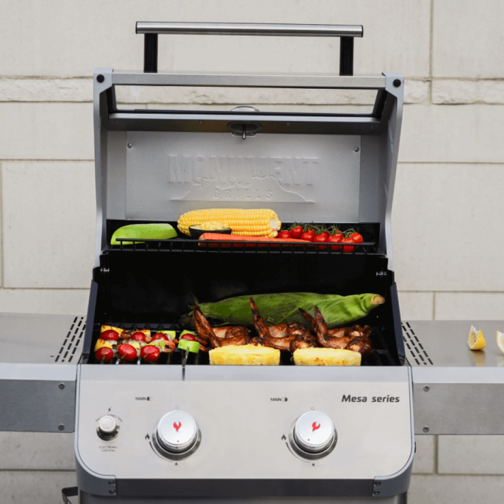 Monument Grills Mesa 200S Foldable Stainless Steel Gas Grill with Clearview Window Lid M200S 2 Burner Grill - Angle 5