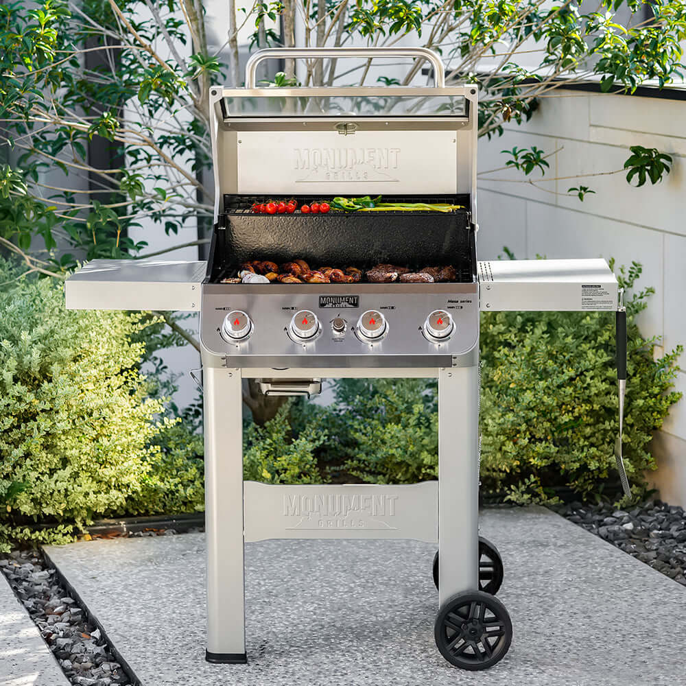 Monument Grills Mesa 400MF Stainless Gas Grill with Viewing Lid & 4 Burners – M400MF 4 Burner Grill - Angle 3