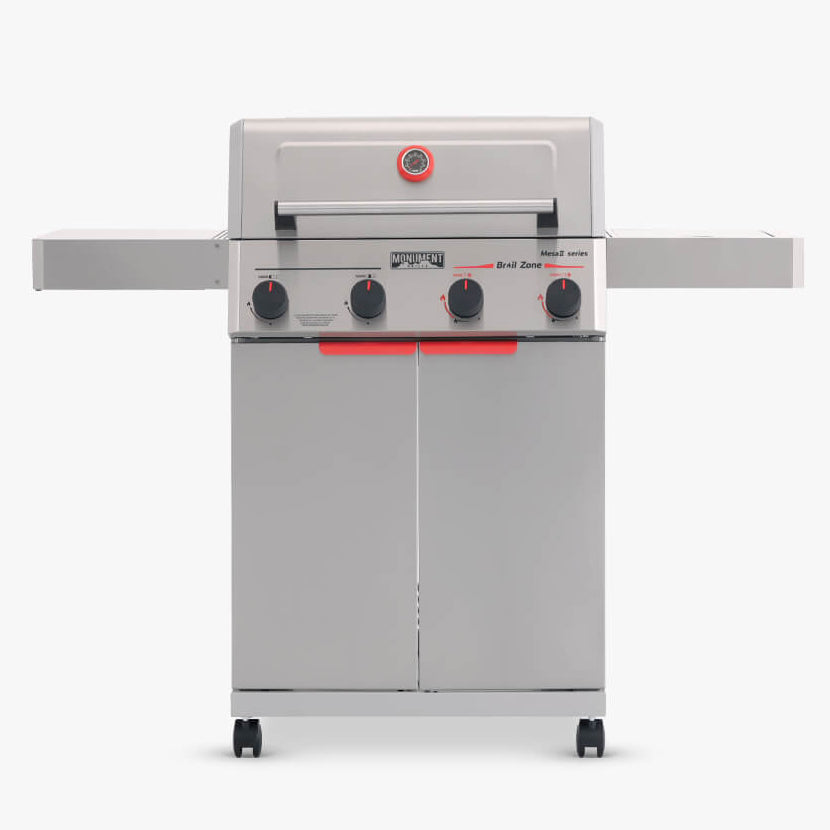 Mesa II 410BZ stainless propane gas grill with 4 burners, foldable shelves, and 525 sq. in. cooking area