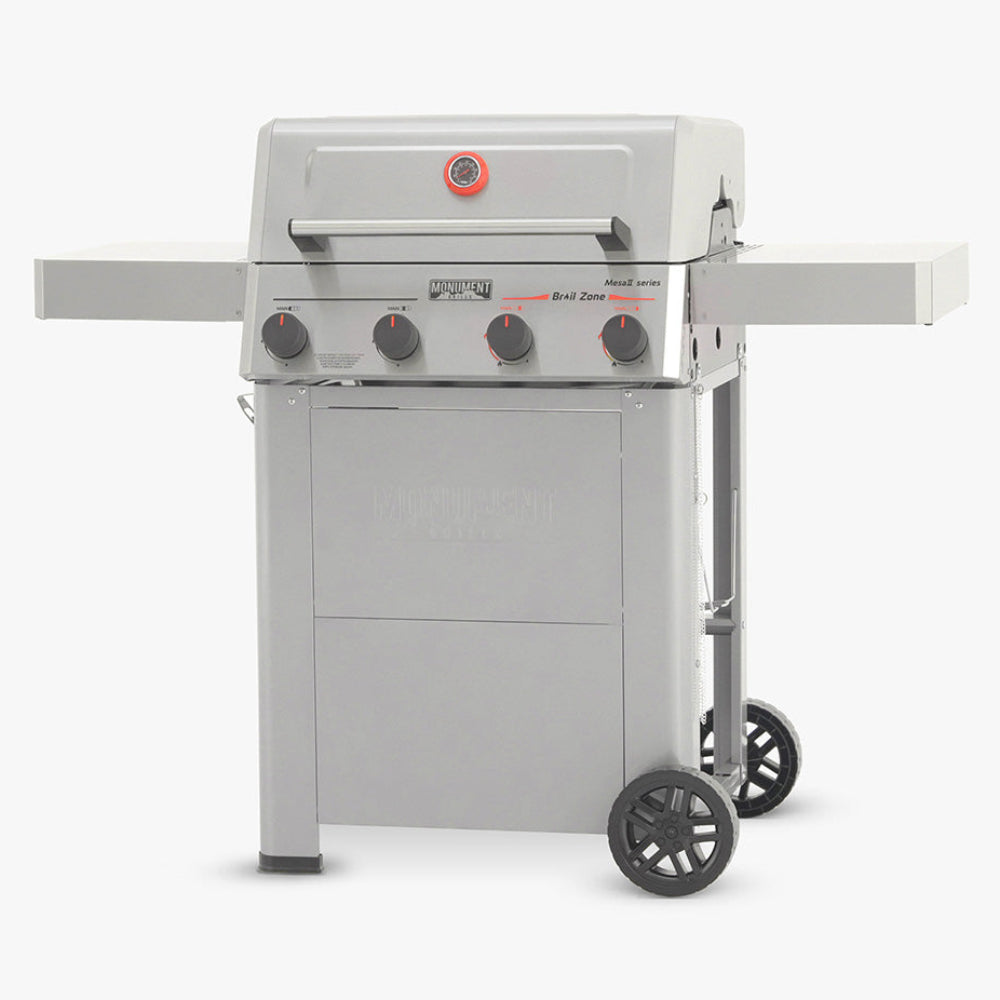 Monument Grills Mesa II 410FBZ stainless propane gas grill with foldable shelves and 525 sq. in. cooking area