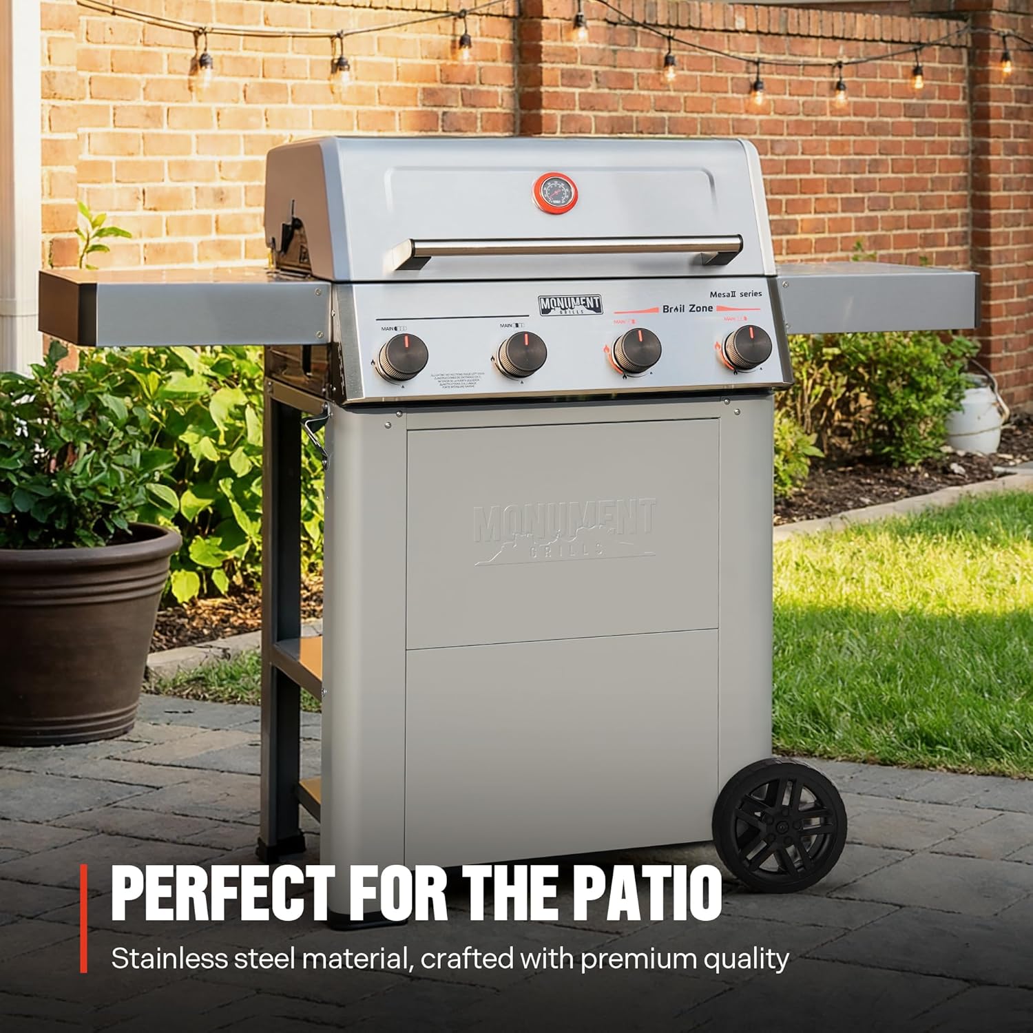 Monument Grills Mesa II 410FBZ Stainless Propane Gas Grill with Broil Zone Sear Burners | M2-410FBZ 4 Burner Grill - Angle 5