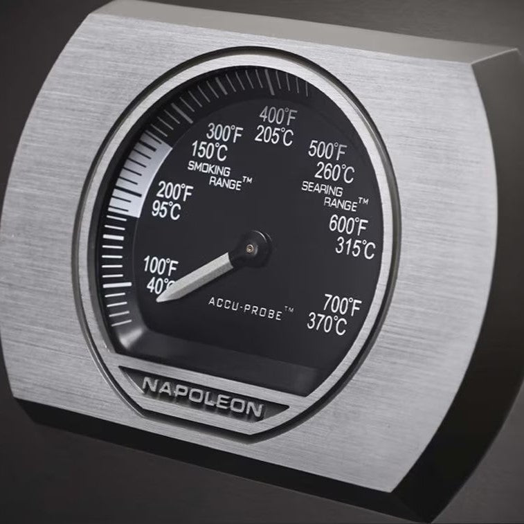 Napoleon Accu-Probe thermometer displaying smoking and searing temperature ranges for BBQ grilling