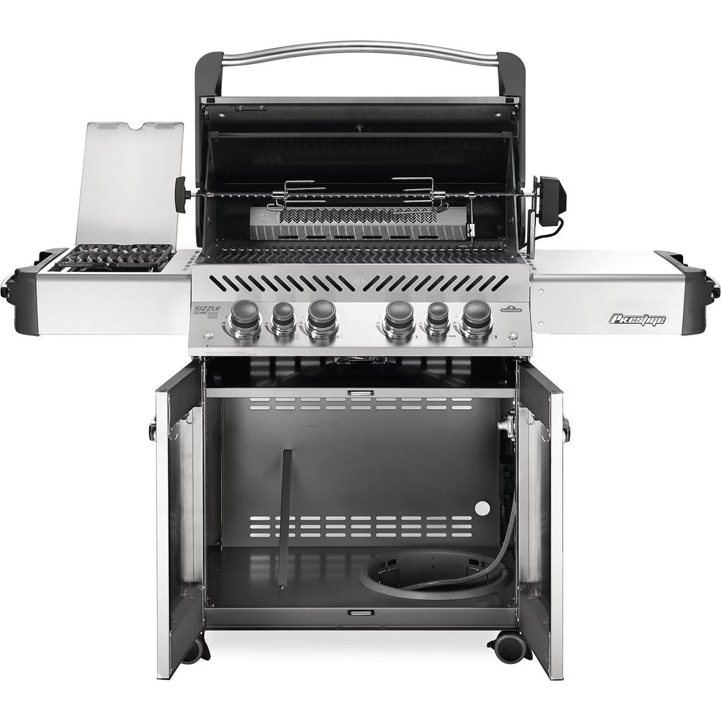 Stainless steel gas grill with side burner and storage cabinet, perfect for outdoor BBQ cooking.