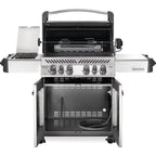 Stainless steel gas grill with side burner and storage cabinet, perfect for outdoor BBQ cooking.