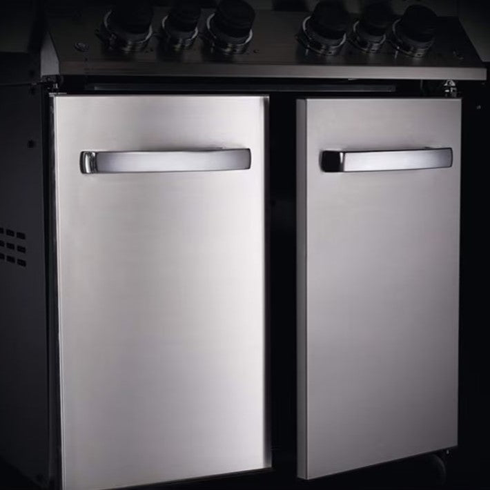 Stainless steel BBQ grill with dual doors and control knobs for outdoor cooking