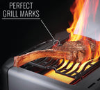 Steak with perfect grill marks on flaming BBQ grill