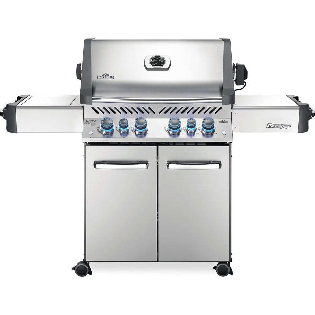 Stainless steel gas grill with six burners and side shelves for outdoor BBQ cooking