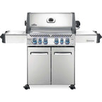 Stainless steel gas grill with six burners and side shelves for outdoor BBQ cooking