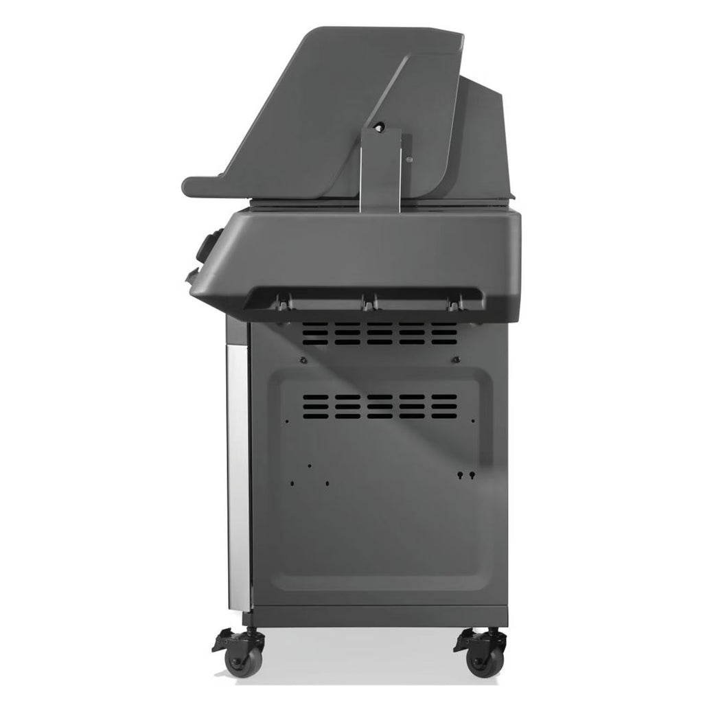 Portable outdoor gas grill with wheels and side shelves for backyard BBQ cooking