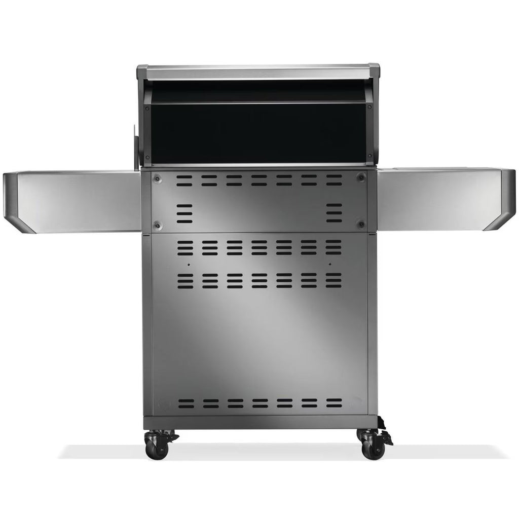 Stainless steel gas grill with side shelves and wheels for outdoor BBQ cooking