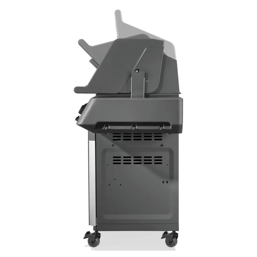 Modern outdoor gas grill with side shelves and wheels for easy mobility