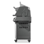 Modern outdoor gas grill with side shelves and wheels for easy mobility