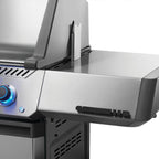 Stainless steel gas grill with blue-lit control knob and side shelf for outdoor BBQ cooking