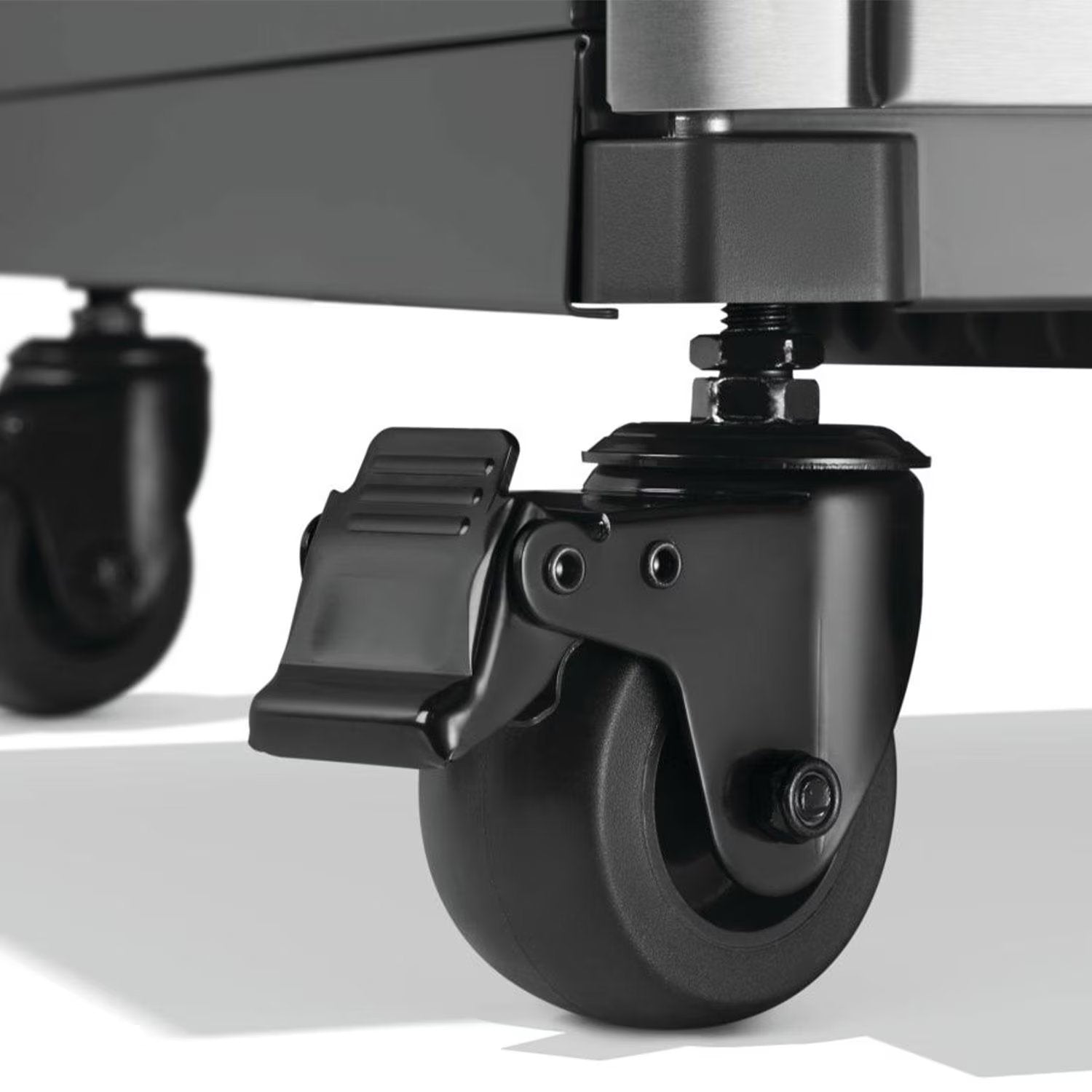 Black swivel caster wheels with locking mechanism for BBQ grill mobility and stability