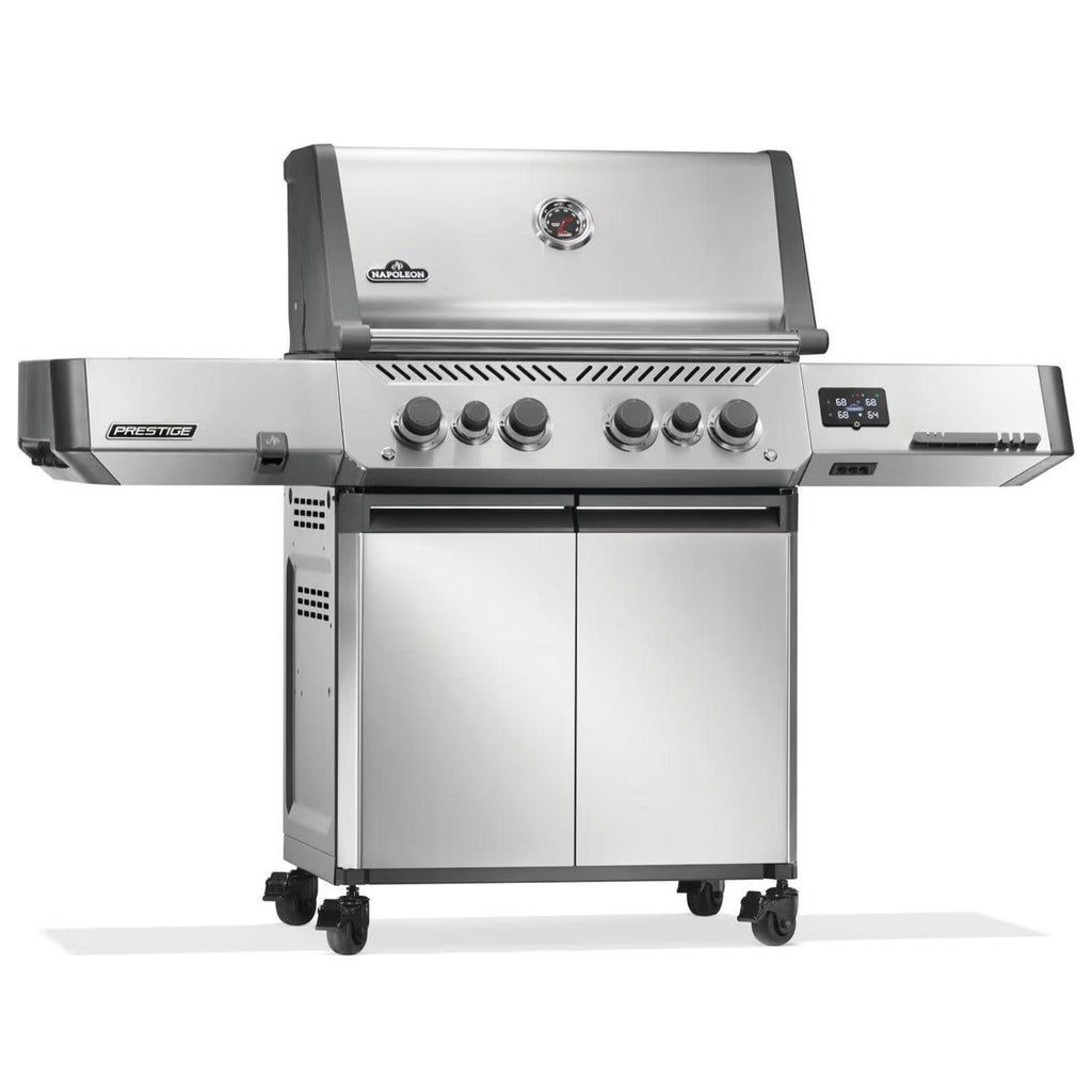 Stainless steel Napoleon Prestige gas grill with digital control panel and side shelves for outdoor BBQ