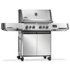 Stainless steel Napoleon Prestige gas grill with digital control panel and side shelves for outdoor BBQ