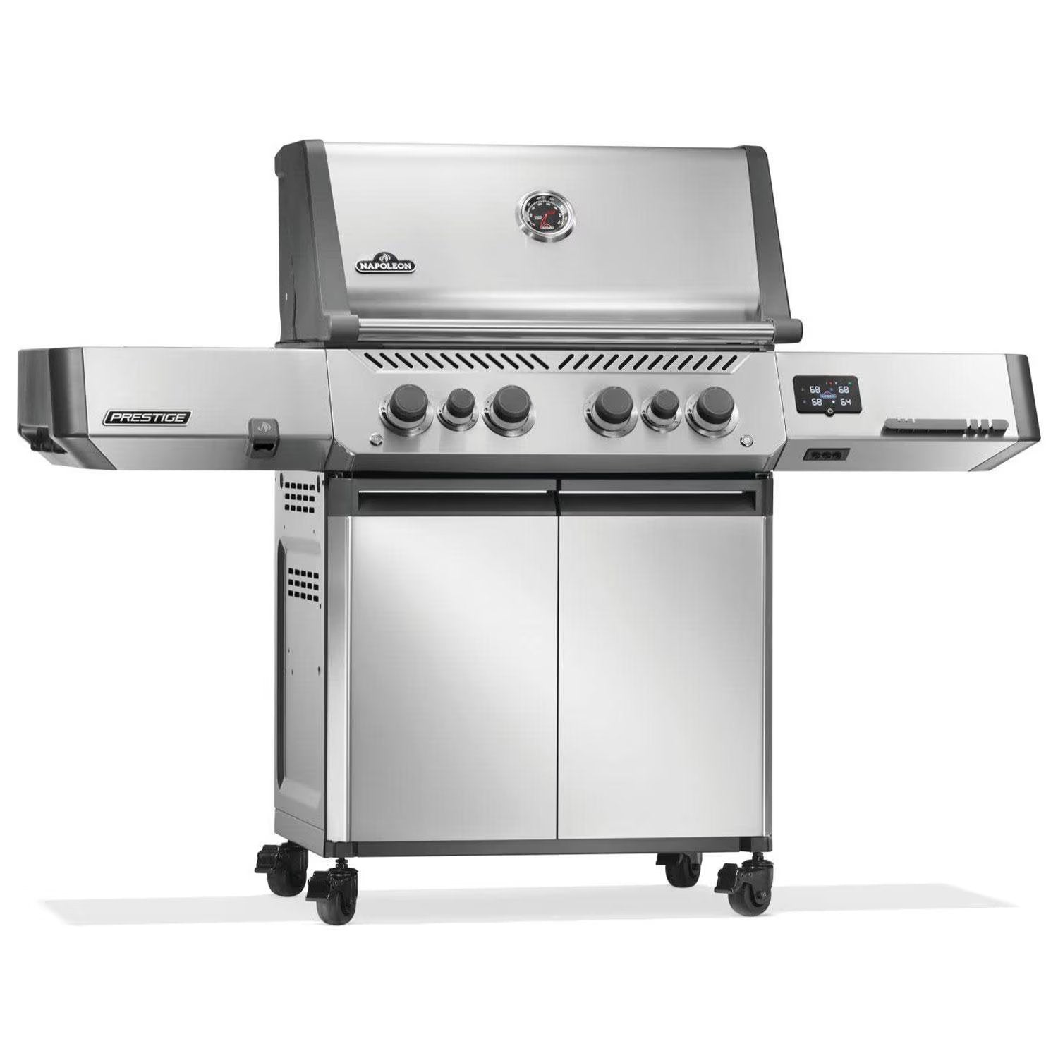 Stainless steel Napoleon Prestige gas grill with digital control panel and side shelves for outdoor BBQ