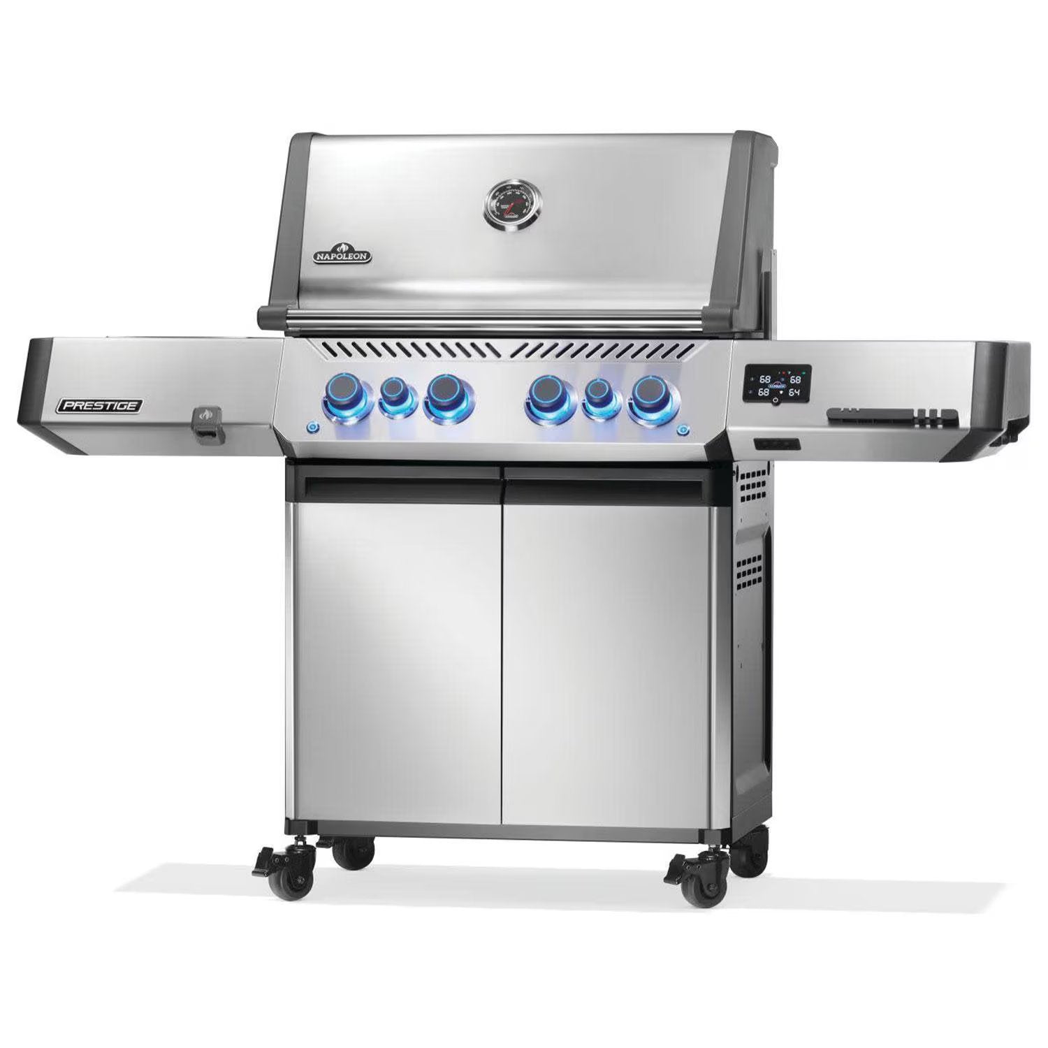 Napoleon Prestige 500 Connected 4-burner propane grill with WiFi, Bluetooth, rotisserie, and stainless steel design