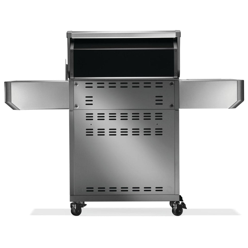 Stainless steel BBQ grill with side shelves and wheels for outdoor cooking