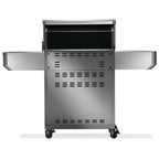 Stainless steel BBQ grill with side shelves and wheels for outdoor cooking