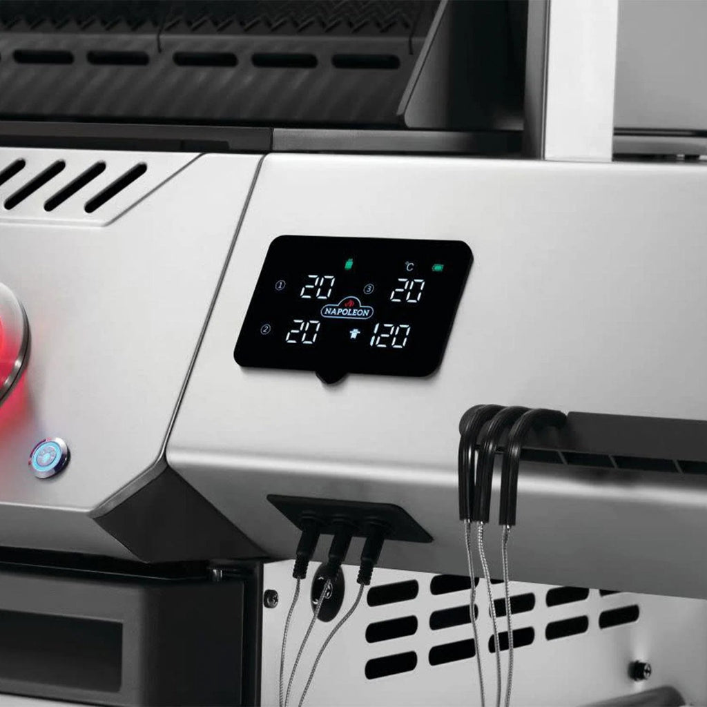 Napoleon smart grill control panel with digital temperature display and probes for precise BBQ cooking