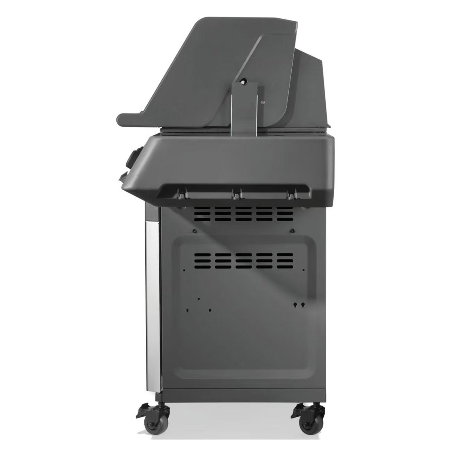 Portable outdoor gas grill with wheels and side shelves for backyard BBQ cooking