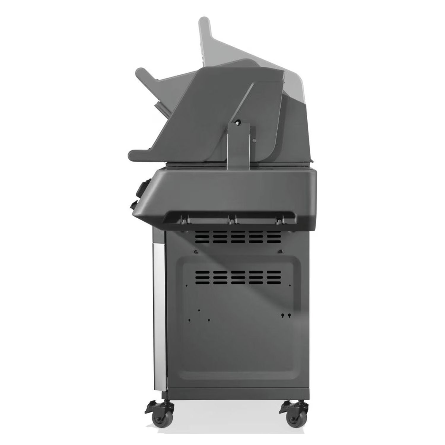 Side view of a modern charcoal grill with wheels, featuring a lid and vented base for outdoor BBQ cooking.