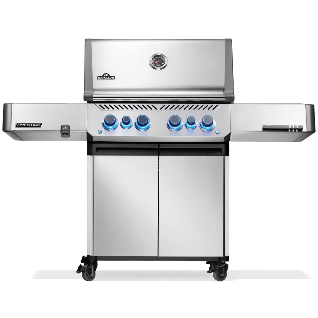 Stainless steel gas grill with blue knobs and side shelves for outdoor BBQ cooking