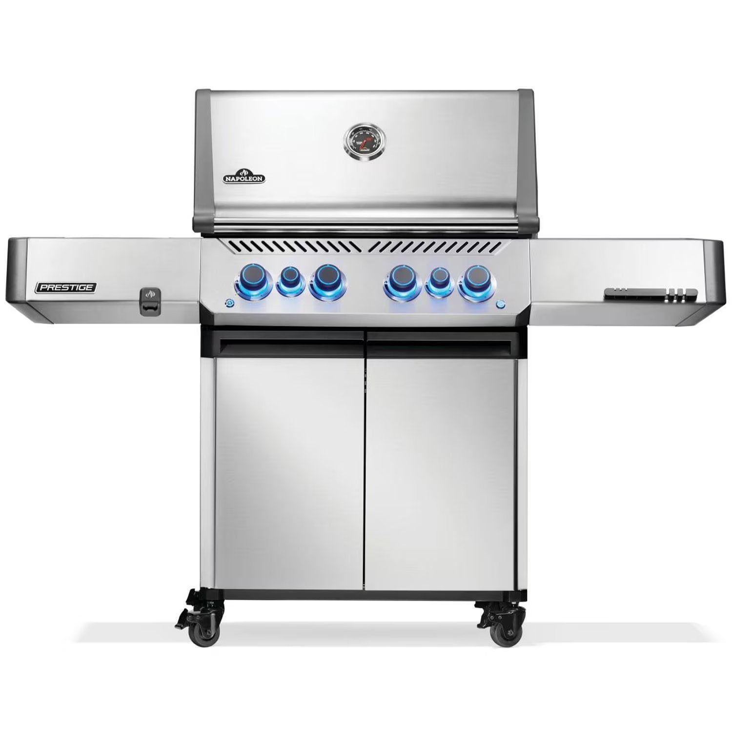 Stainless steel gas grill with blue knobs and side shelves for outdoor BBQ cooking
