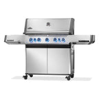 Stainless steel gas grill with blue LED knobs and side shelves for outdoor BBQ cooking